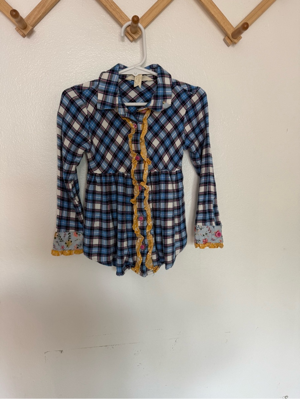 Matilda Jane Blue Plaid Button-Front Top with Yellow Ruffle Trim